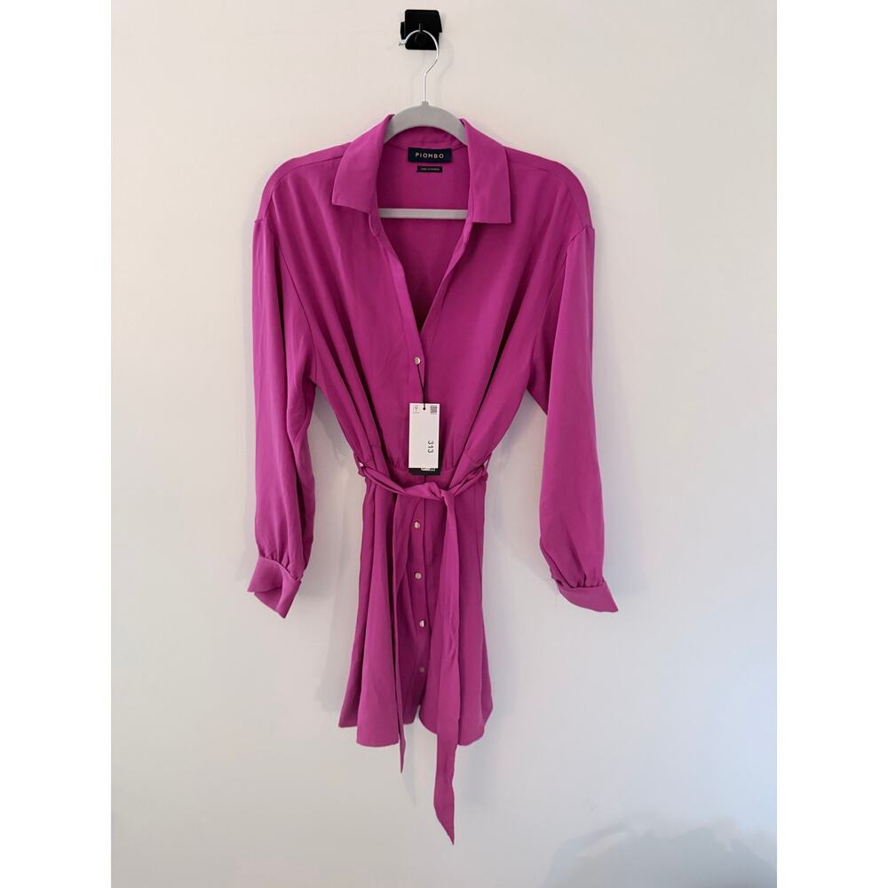 NWT Piombo Magenta Long Sleeve Tie Belt Botton Down Dress-Size 12